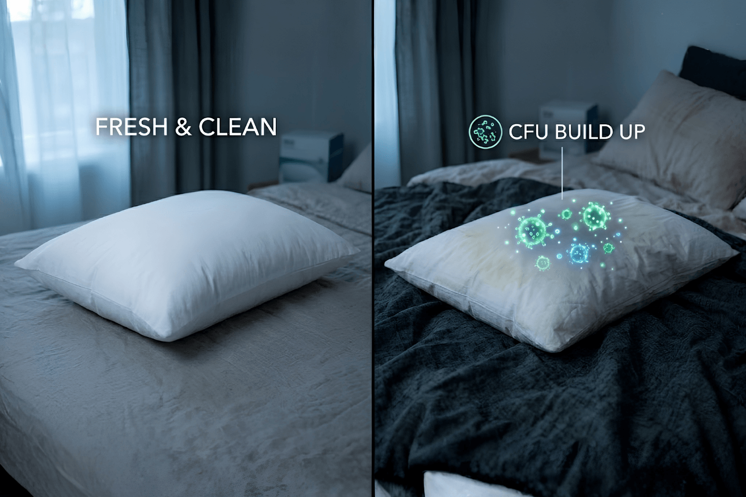 A comparison showing the bacteria buildup on bedding caused by regular night sweats.