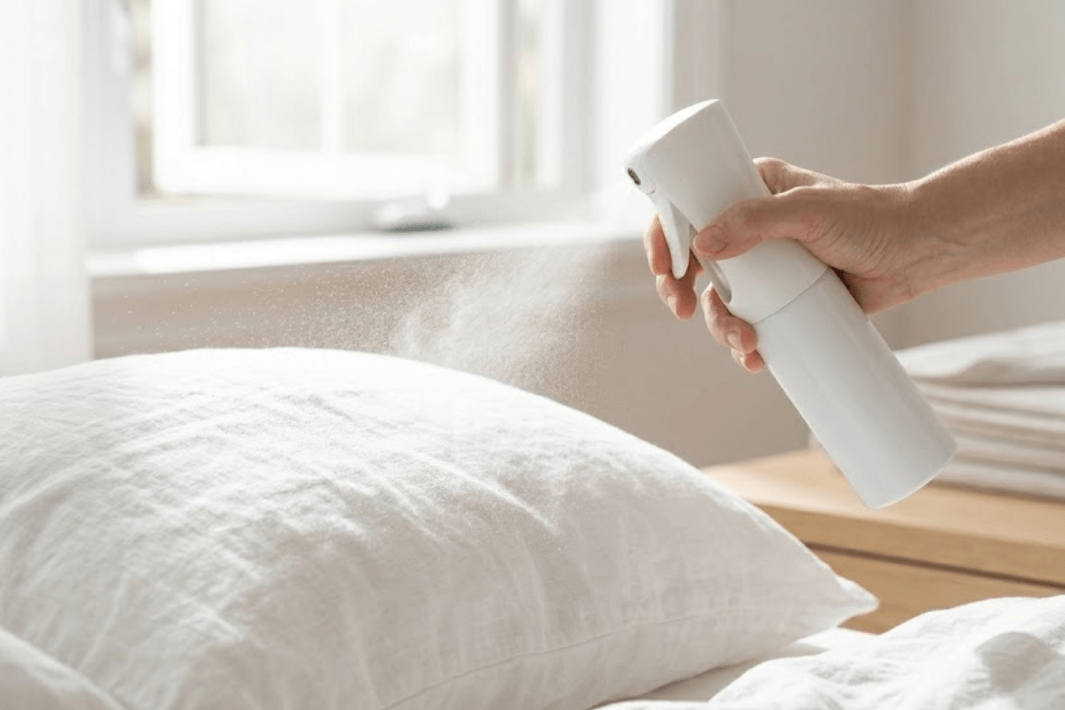 Applying hygiene spray to bedding to keep it fresh