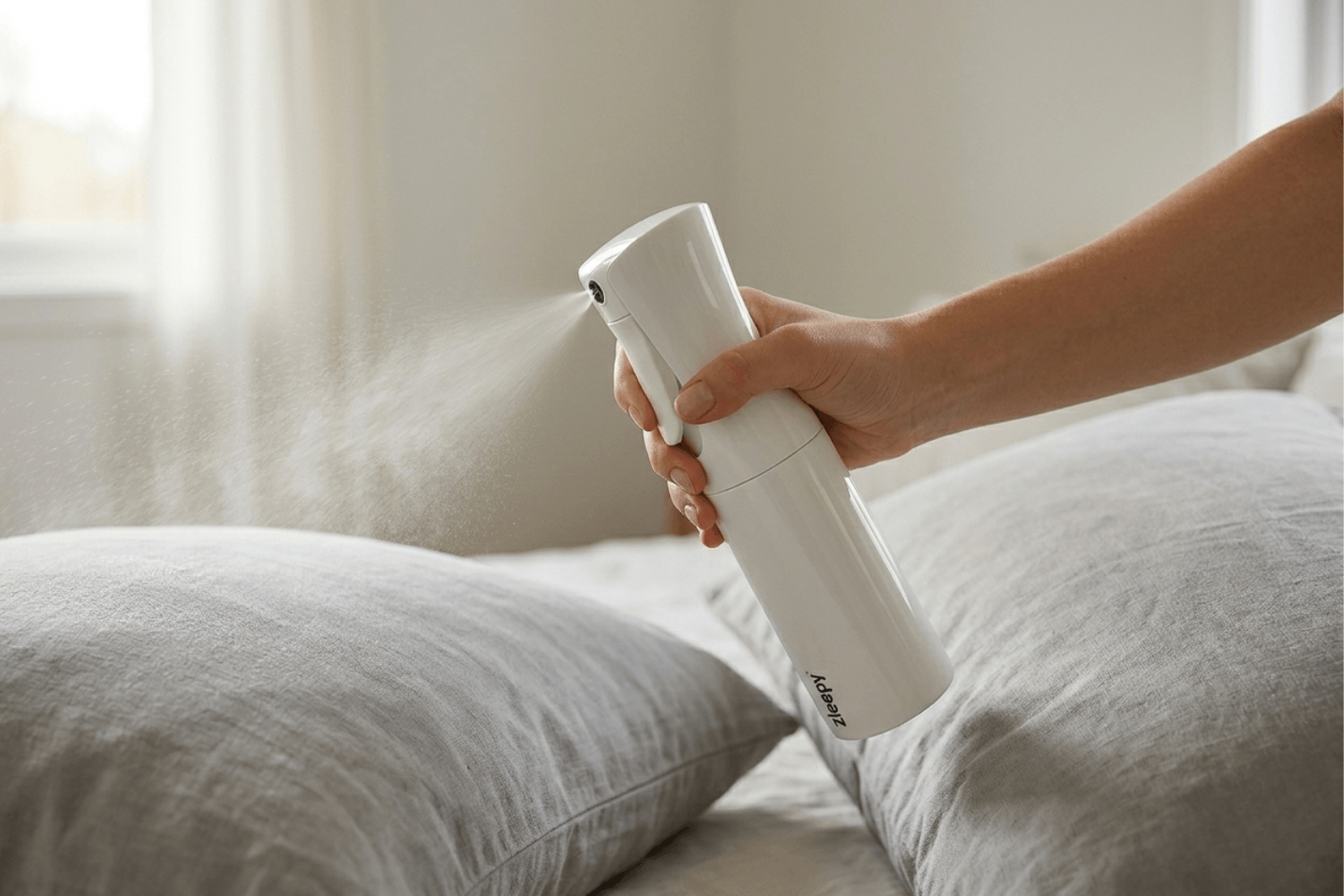 Someone using a white spray bottle to mist a pillow to prevent bacterial buildup from night sweats