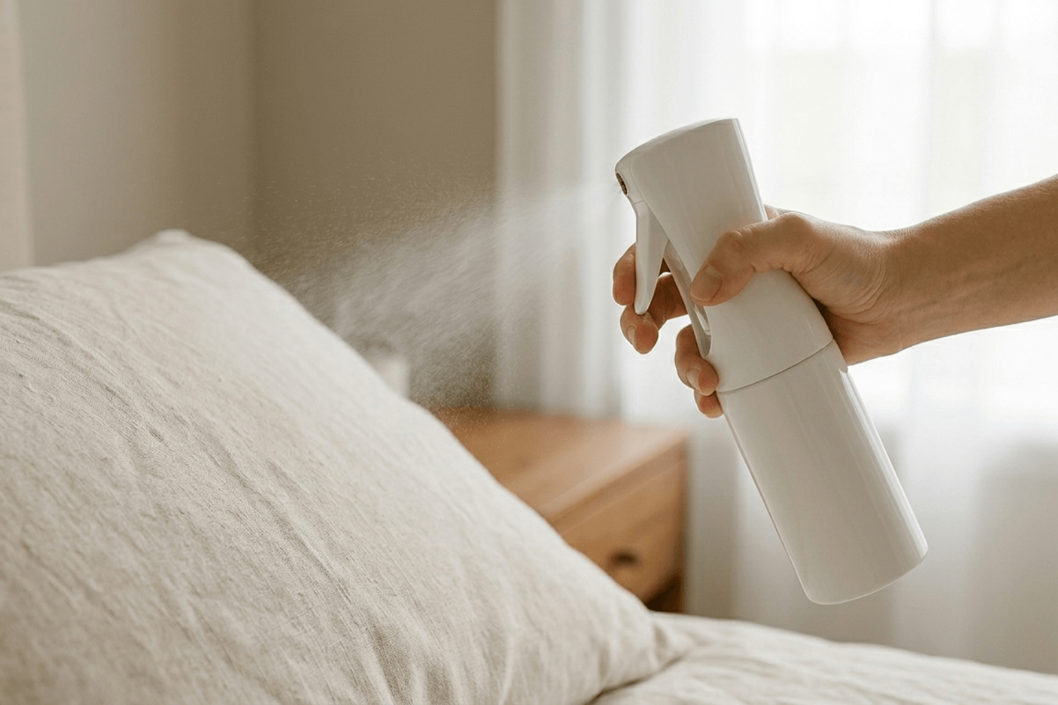 A person incorporating a bedding hygiene spray into their morning routine to combat night sweat bacteria.