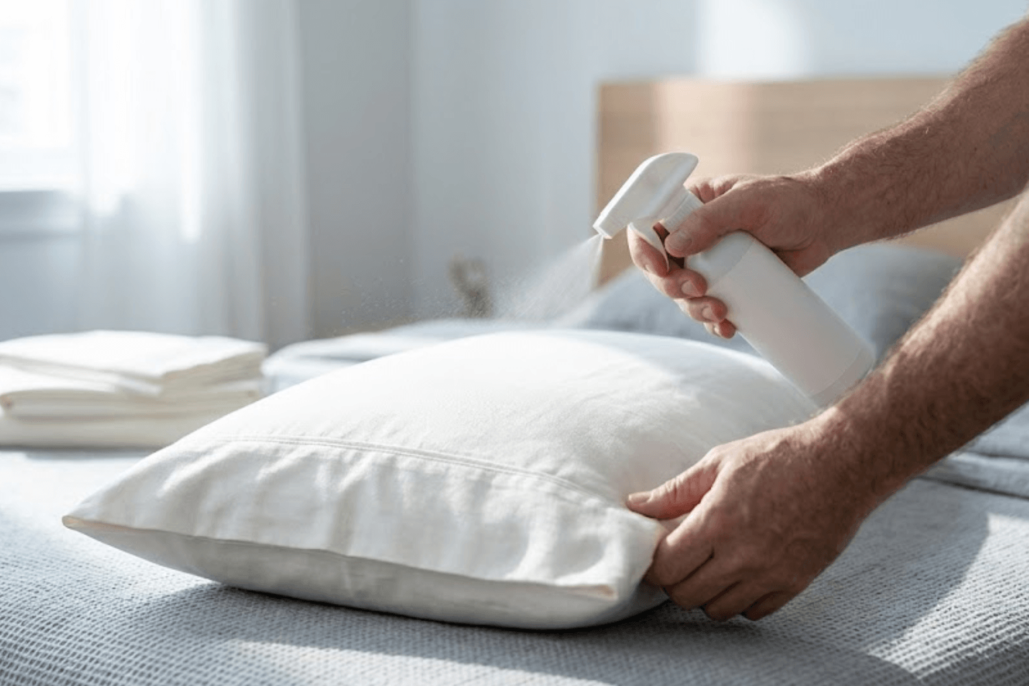 A morning routine using bedding hygiene spray