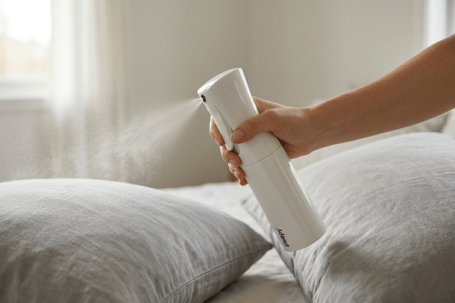 Someone applying bedding hygiene spray to their pillow as part of a daily routine.