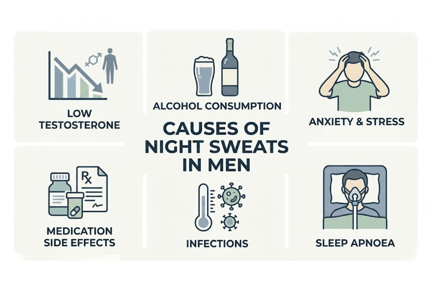 An infographic detailing the various medical and lifestyle causes of night sweats in men.