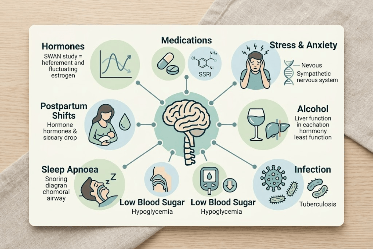 Infographic showing various causes of night sweats including hormones, medications, stress, and sleep apnoea.