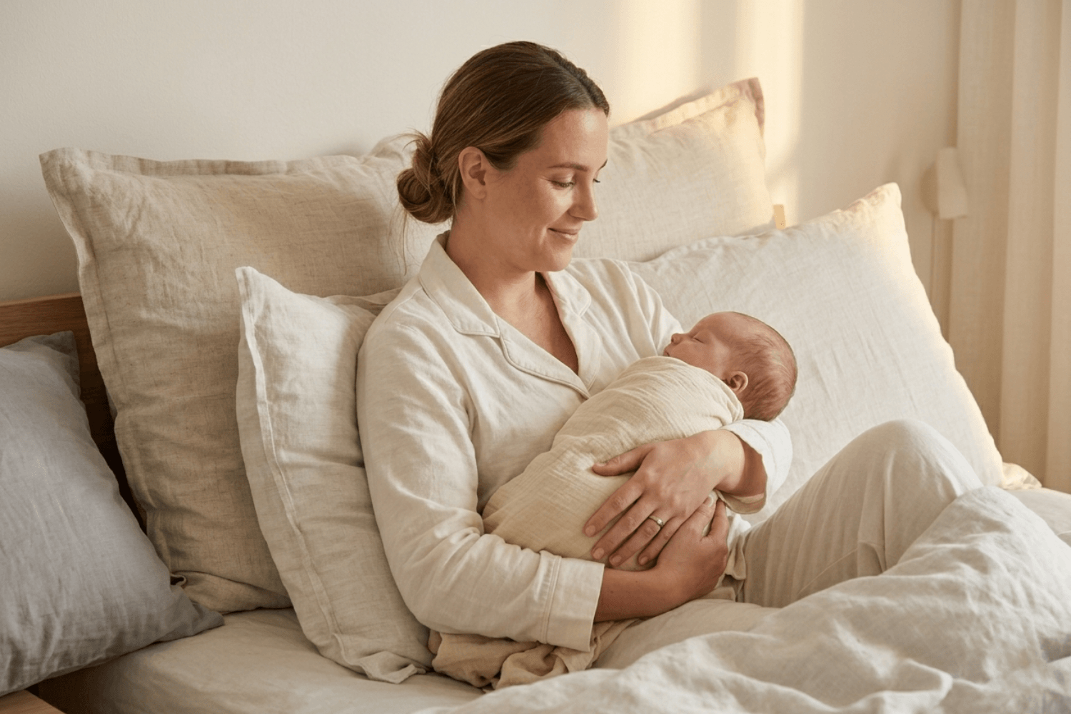 A relaxed new mother holding a sleeping baby while sitting in comfortable, breathable bedding