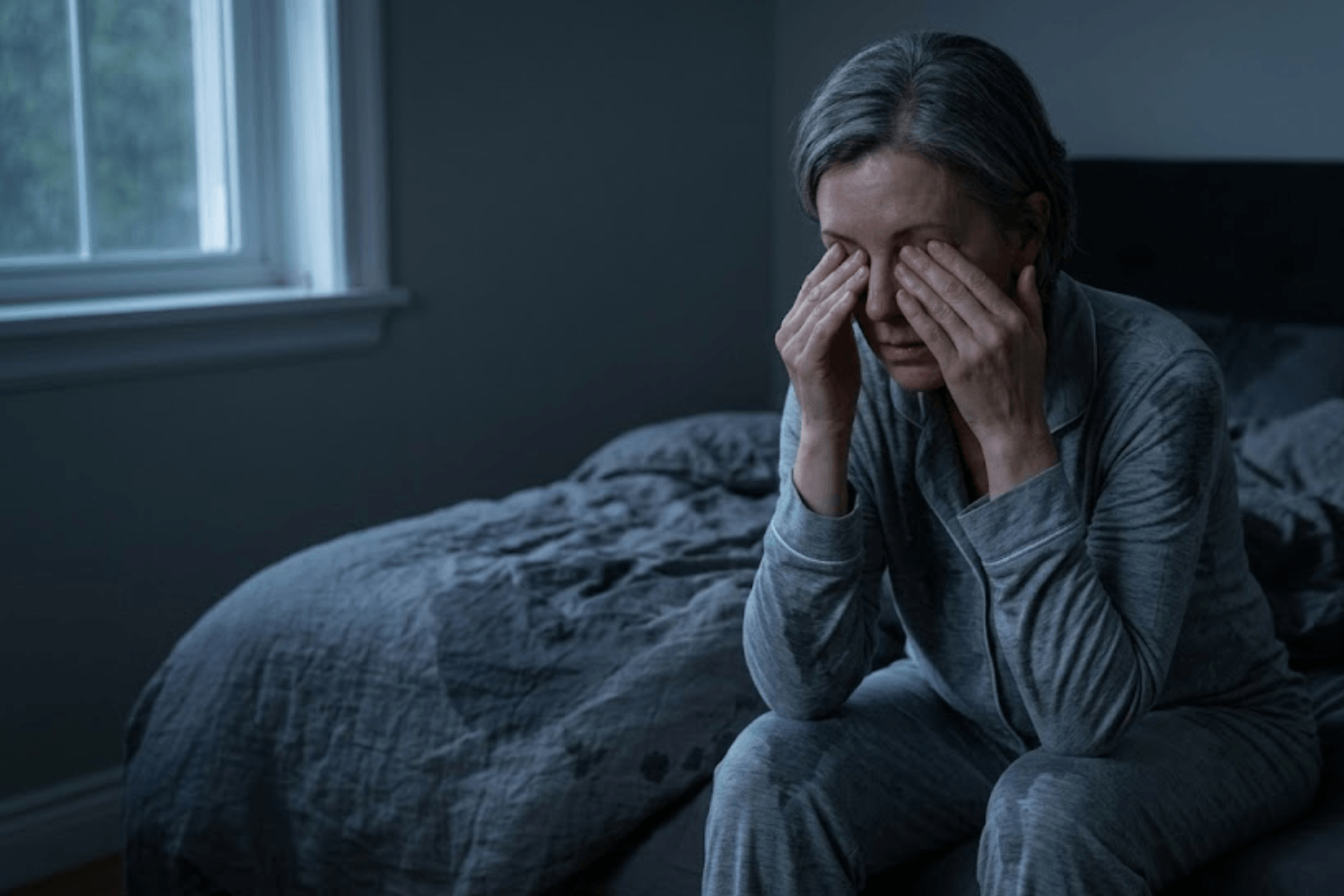 A woman sitting up in bed looking exhausted due to night sweats