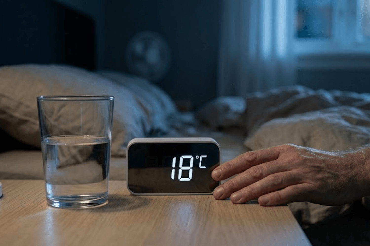 Thermostat showing 18 degrees Celsius for optimal sleep