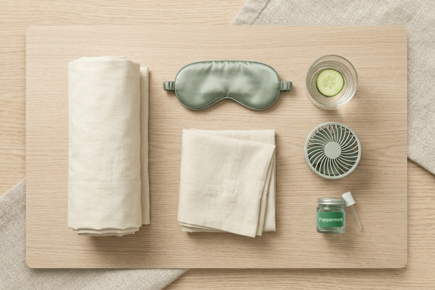 A collection of remedies for night sweats, including a fan, water, and breathable bedding.