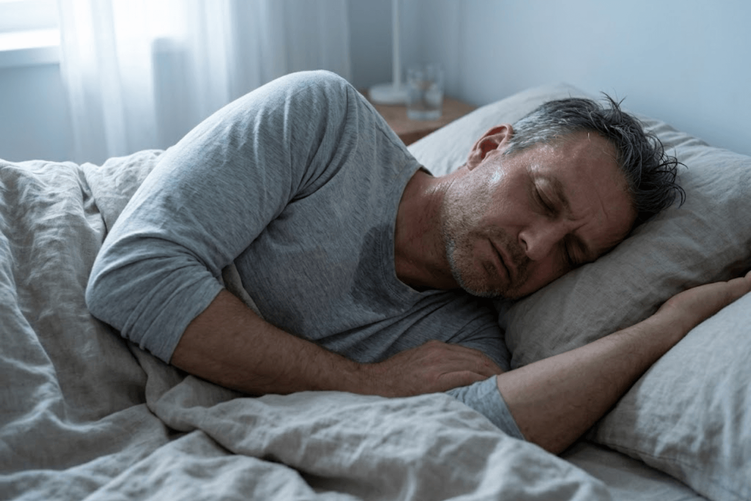 A man over 40 experiencing night sweats in bed.