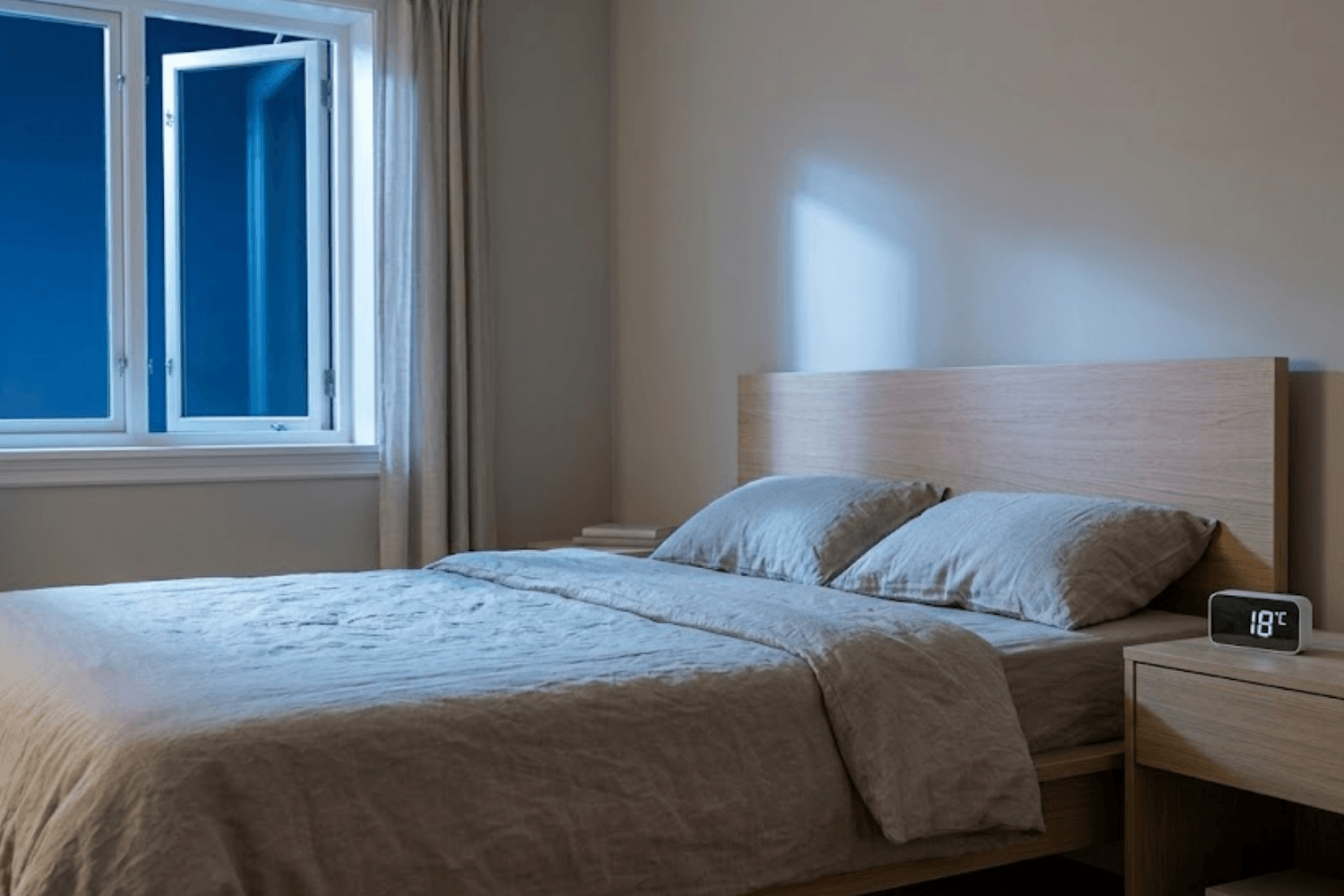 An optimized cool bedroom environment with an open window