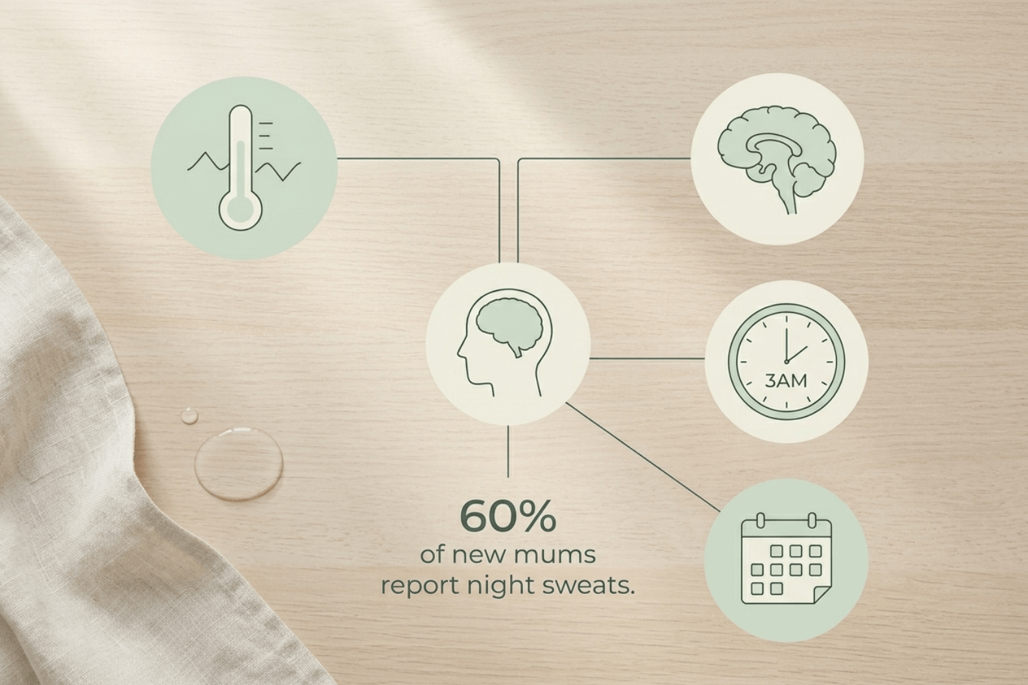 Infographic explaining why postpartum hormones and fluid shedding cause drenching night sweats