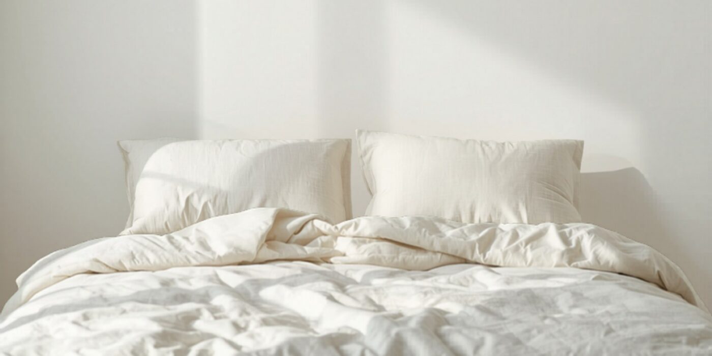 Neatly made bed with soft breathable cooling bedding
