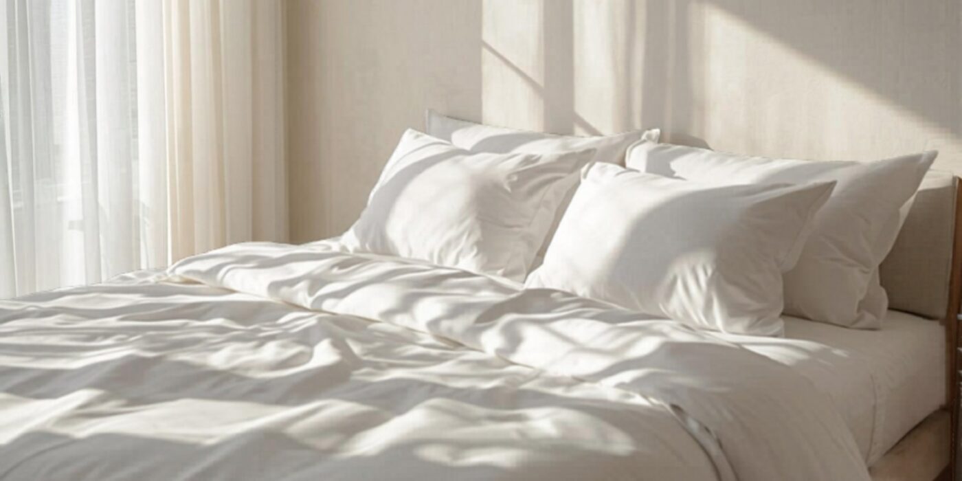Fresh white bed linen in a bright minimal bedroom