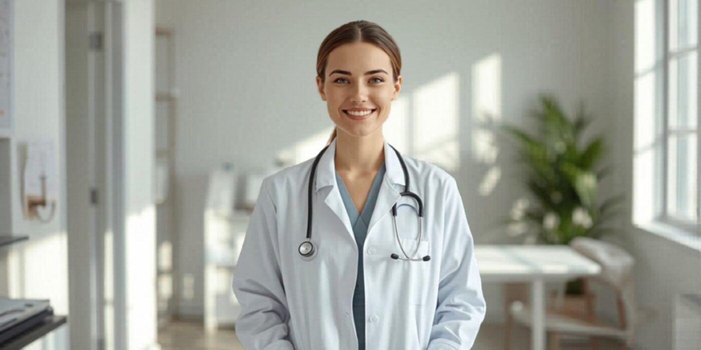 Friendly GP doctor with a stethoscope in a bright consulting room