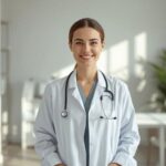 Friendly GP doctor with a stethoscope in a bright consulting room