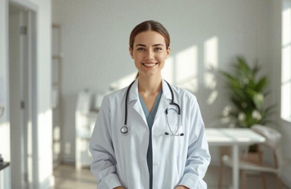 Friendly GP doctor with a stethoscope in a bright consulting room