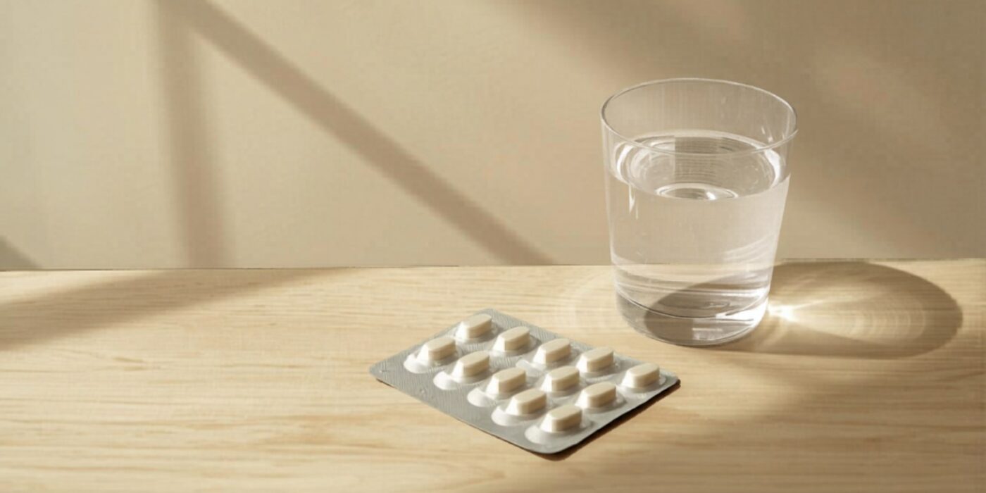 Medication blister pack and glass of water on a bedside table