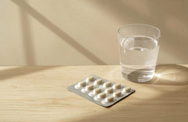 Medication blister pack and glass of water on a bedside table