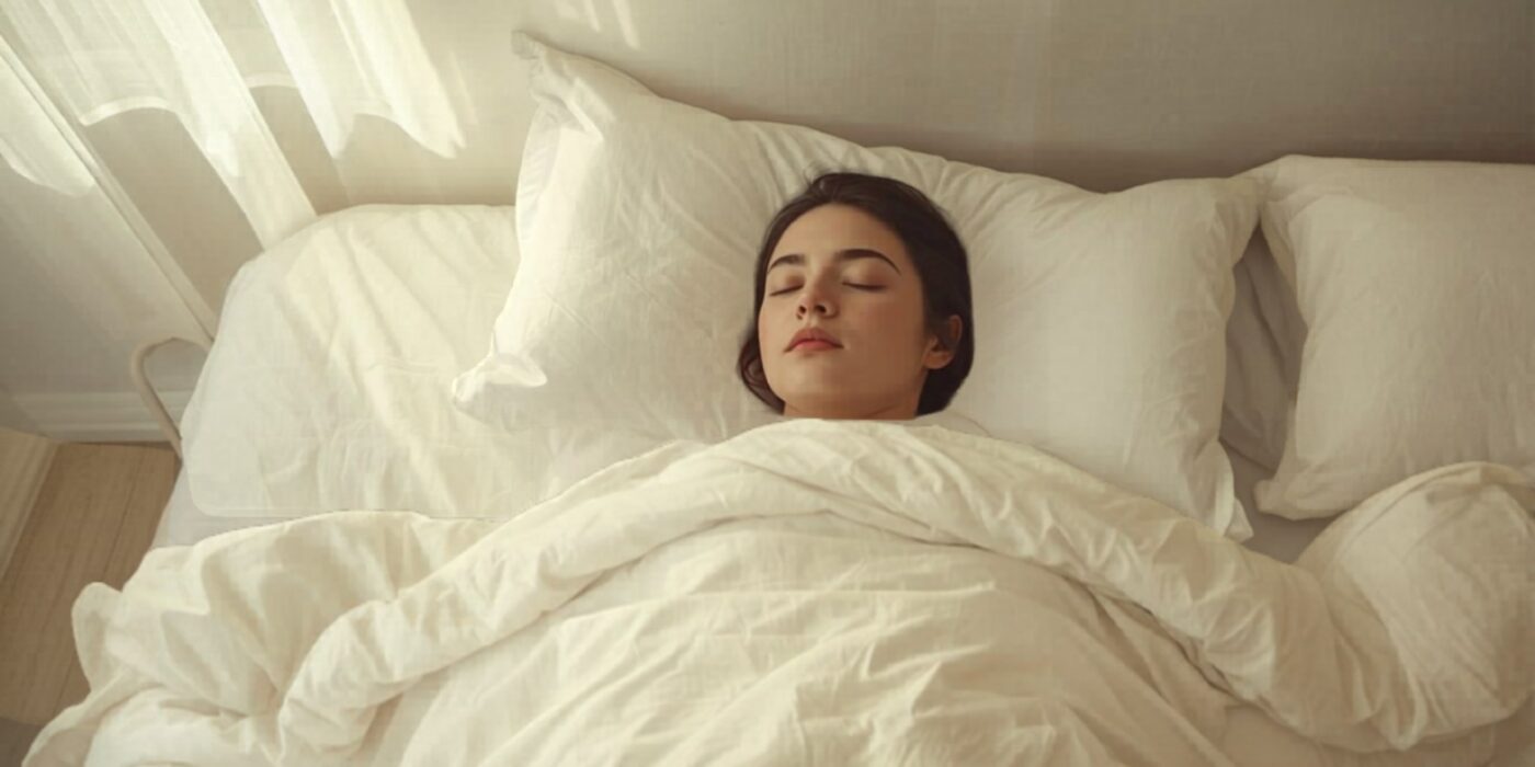 Person sleeping peacefully under white bedding