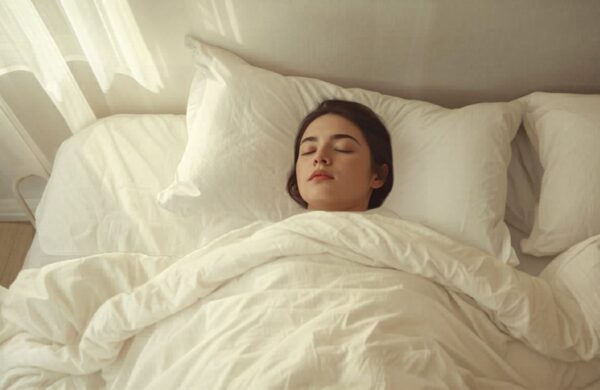 Person sleeping peacefully under white bedding