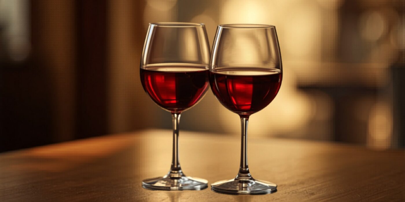 Two glasses of red wine in warm evening light