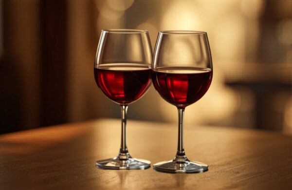 Two glasses of red wine in warm evening light
