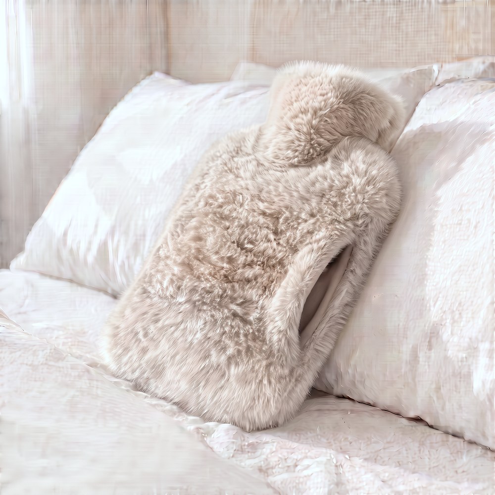 The side pouch of the Oatmeal faux fur hot water bottle