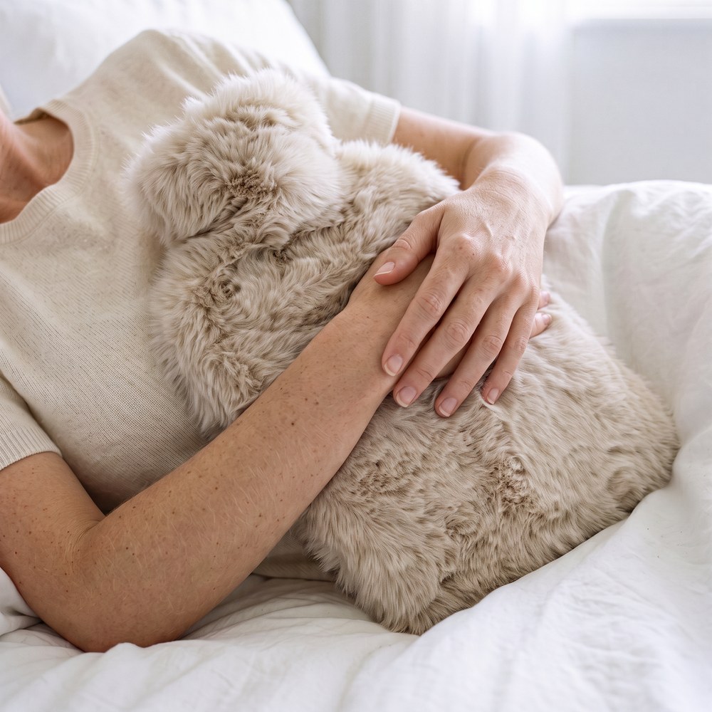 Cuddling the hot water bottle in bed