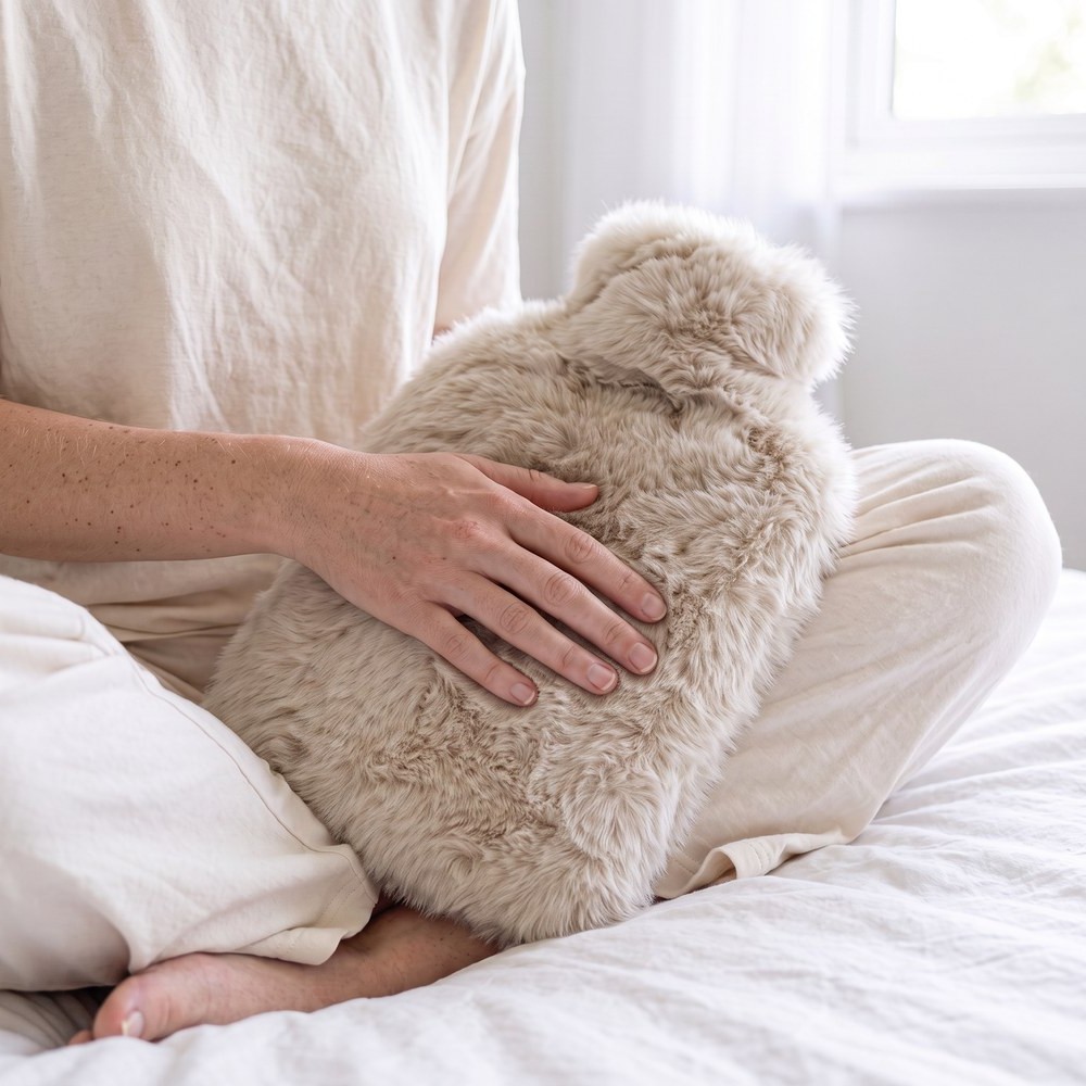 Sitting cross-legged with the hot water bottle
