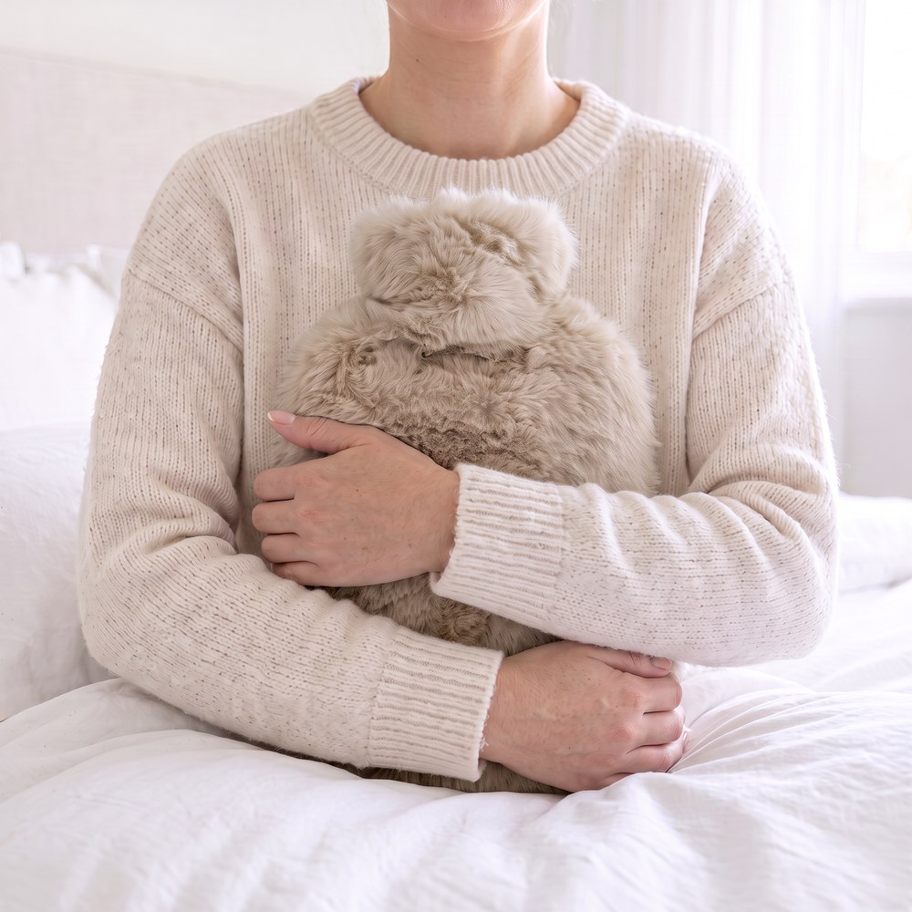 Woman hugging the Oatmeal faux fur hot water bottle