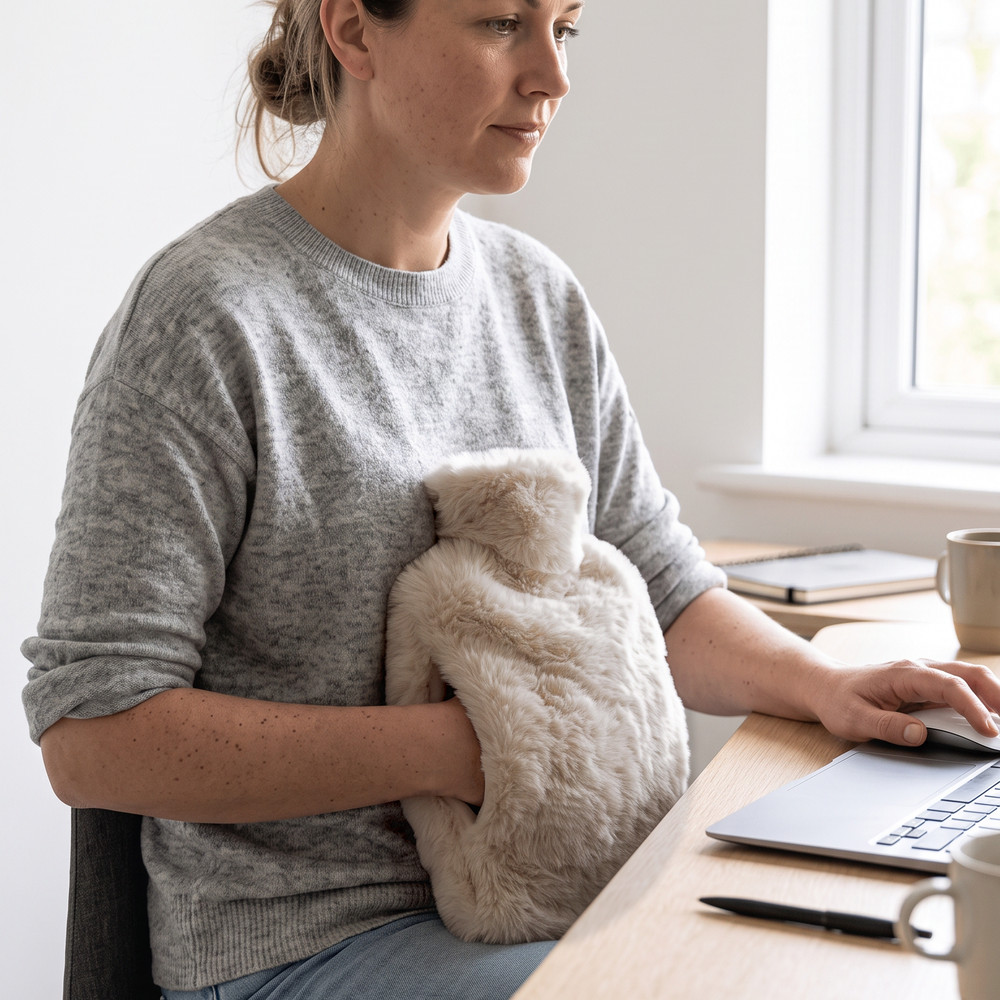 Working at a desk with one hand in the hot water bottle pouch