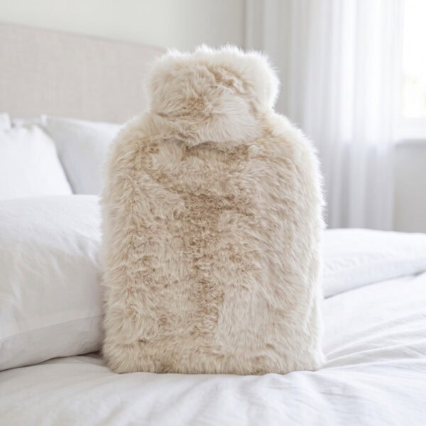 Polar Bear white faux fur hot water bottle propped against pillows on a white bed