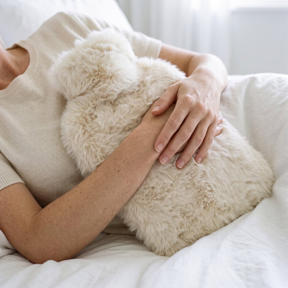 Cuddling the hot water bottle in bed