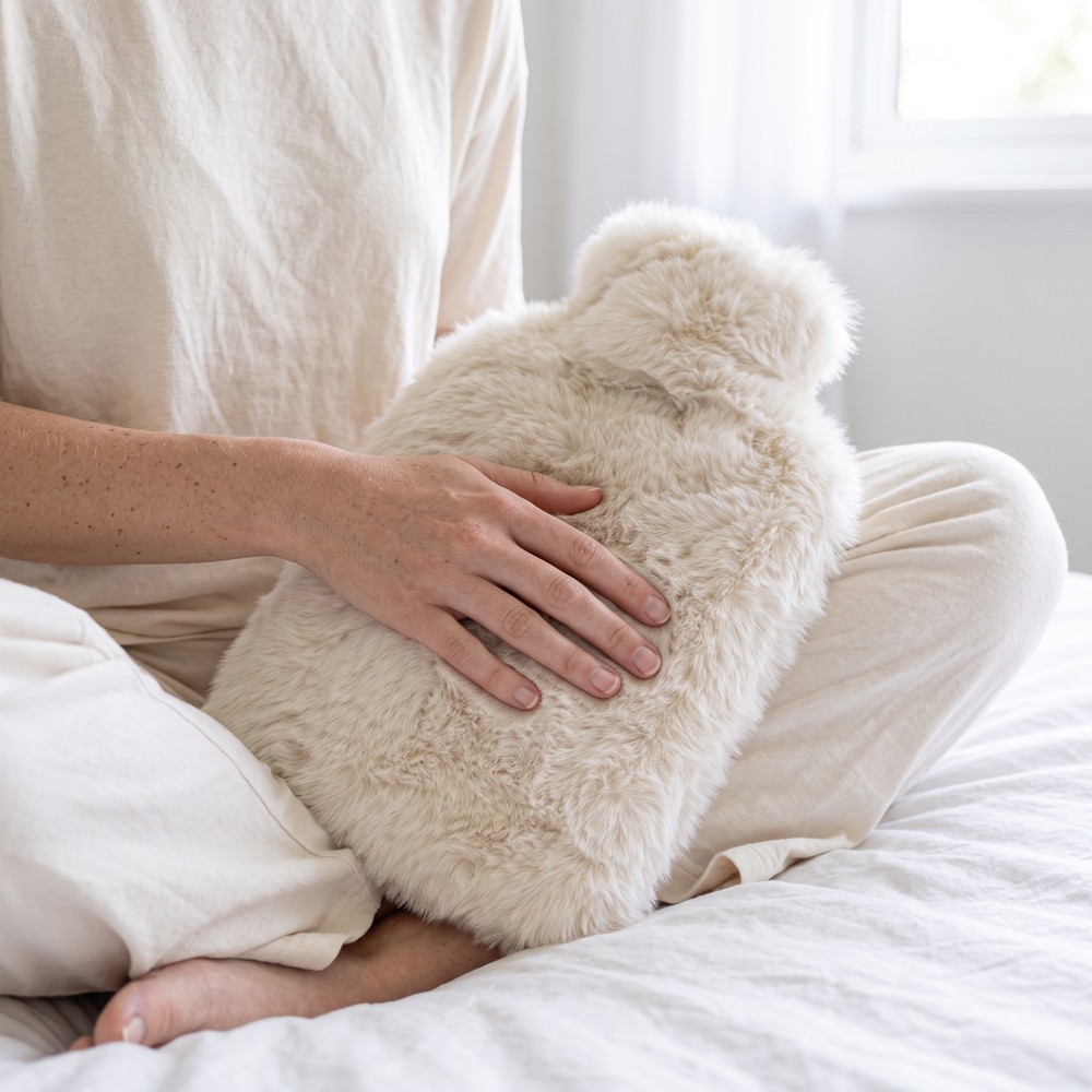 Sitting cross-legged with the hot water bottle