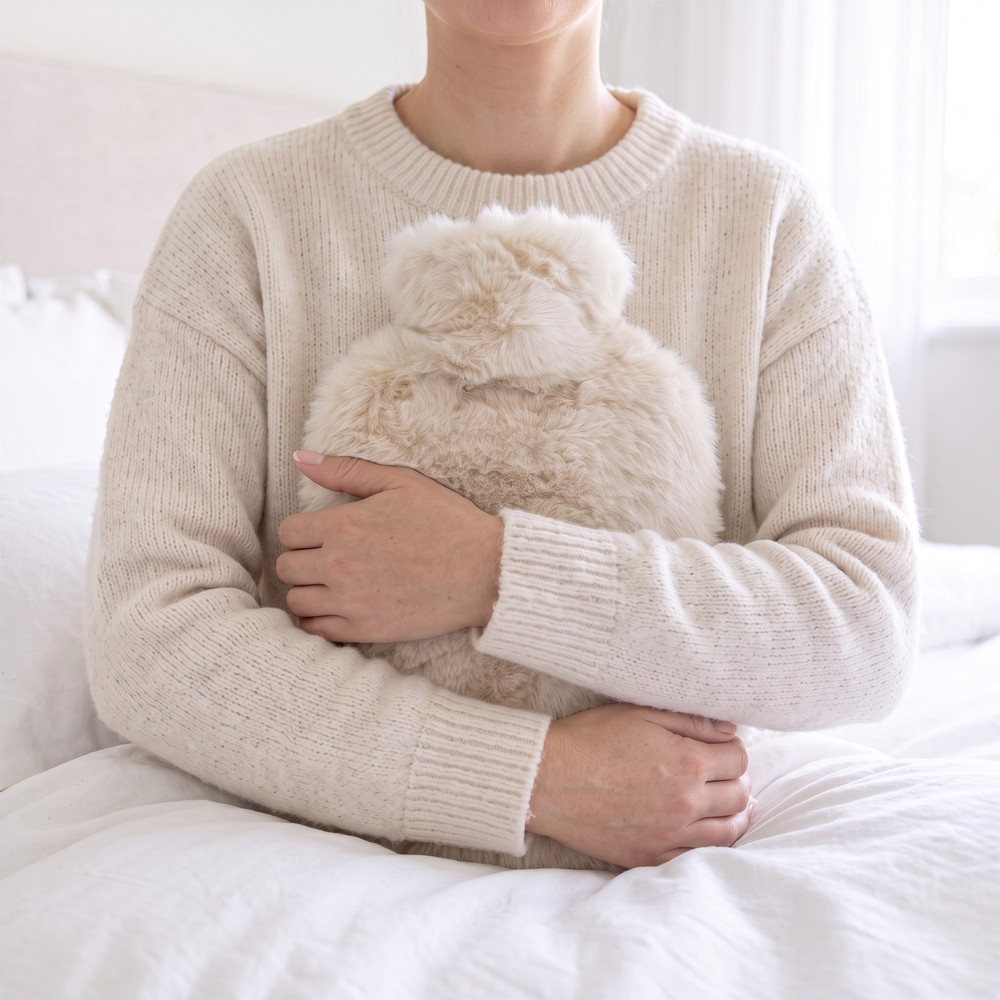 Woman hugging the Polar Bear faux fur hot water bottle