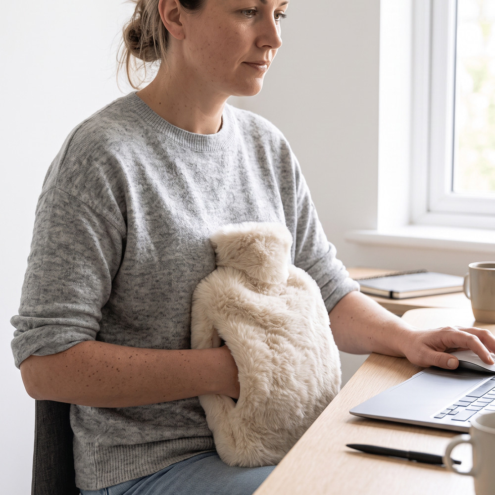 Working at a desk with one hand in the hot water bottle pouch