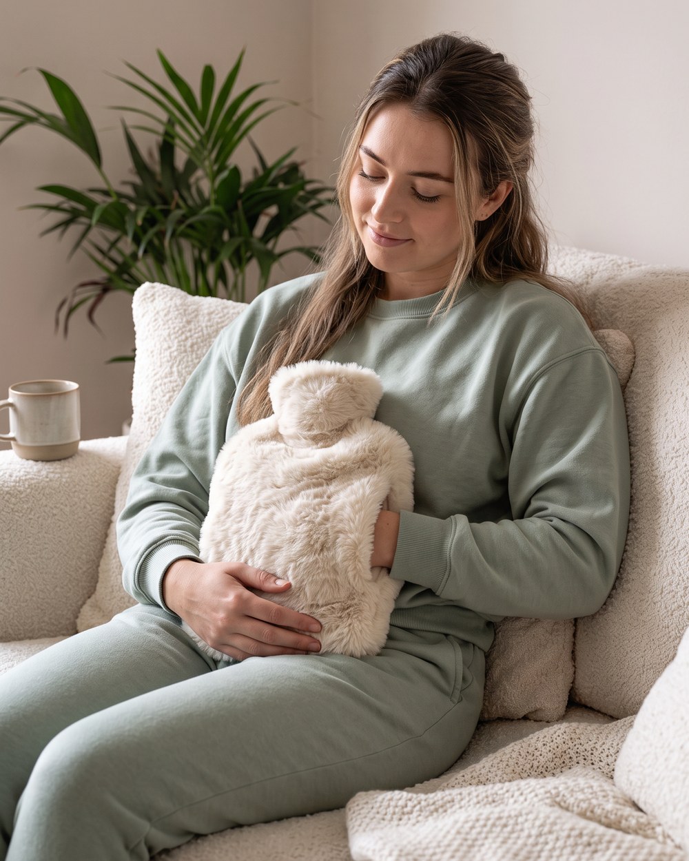 Relaxing on the sofa with a hand in the hot water bottle pocket
