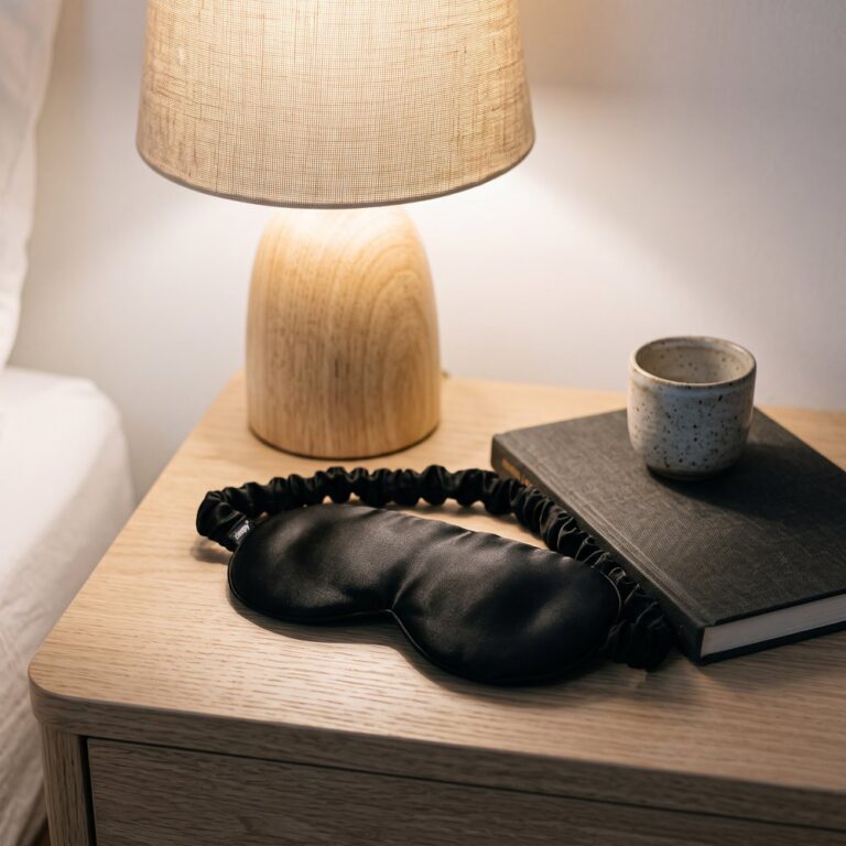 The ZLEEPY 3D Blackout silk sleep mask on a bedside table