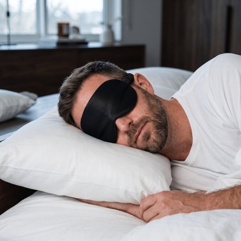 Man asleep on his side wearing the 3D Blackout mask
