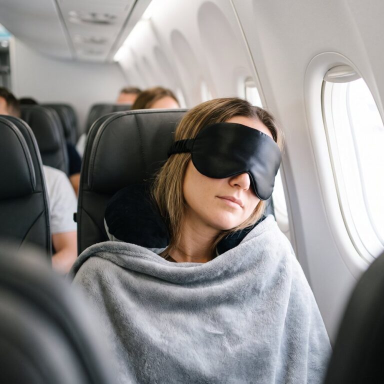 Woman asleep on a plane wearing the mask