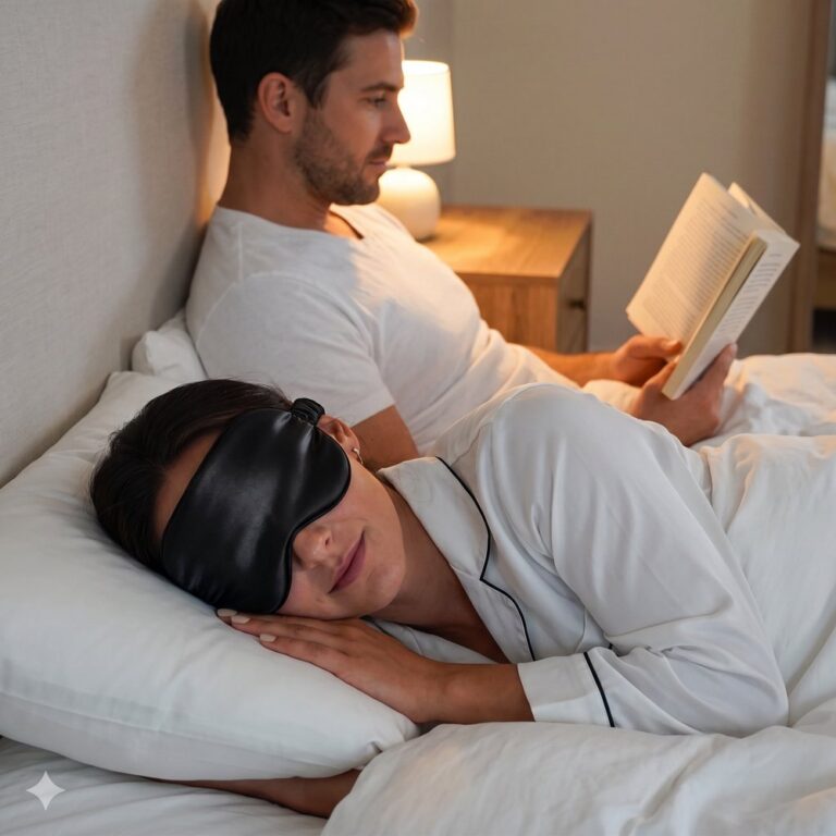 Woman asleep while partner reads with a lamp on