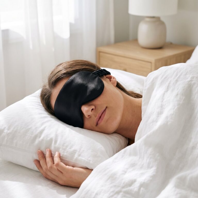 Woman asleep wearing the ZLEEPY 3D Blackout Silk Sleep Mask