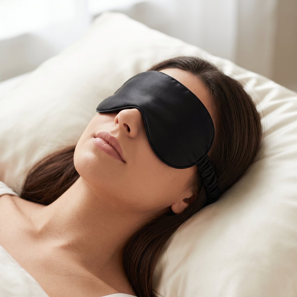 Woman sleeping in the black mulberry silk sleep mask