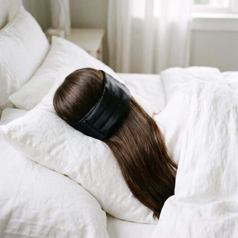 Woman asleep with the wrap mask over long hair