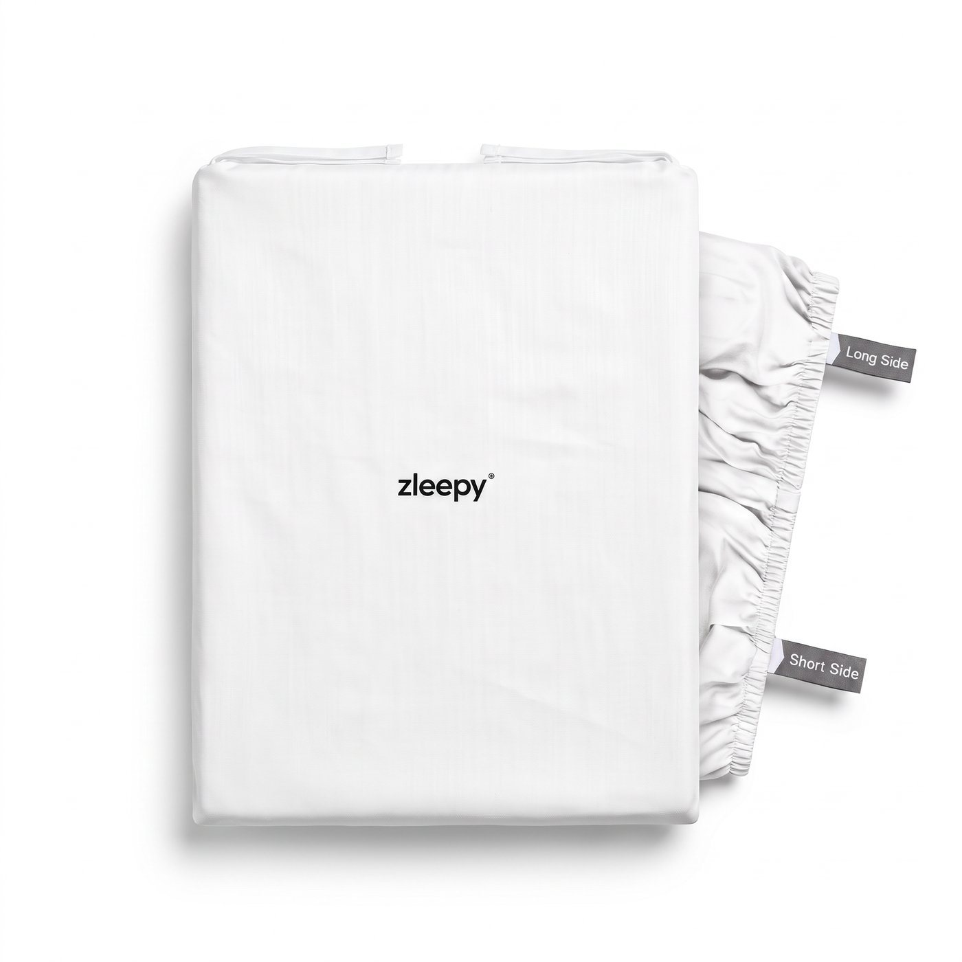 ZLEEPY bamboo fitted sheet in its bag with Long Side and Short Side tabs