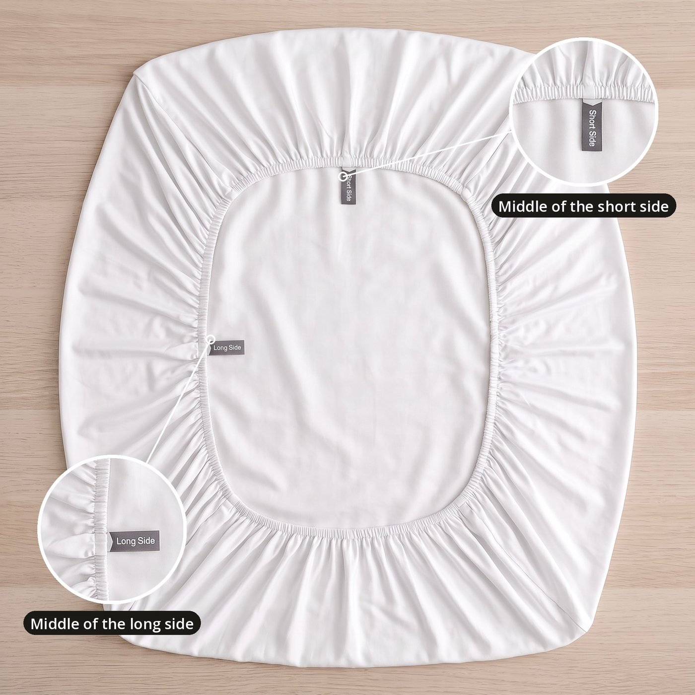 Long Side and Short Side tabs in the middle of each side of the fitted sheet