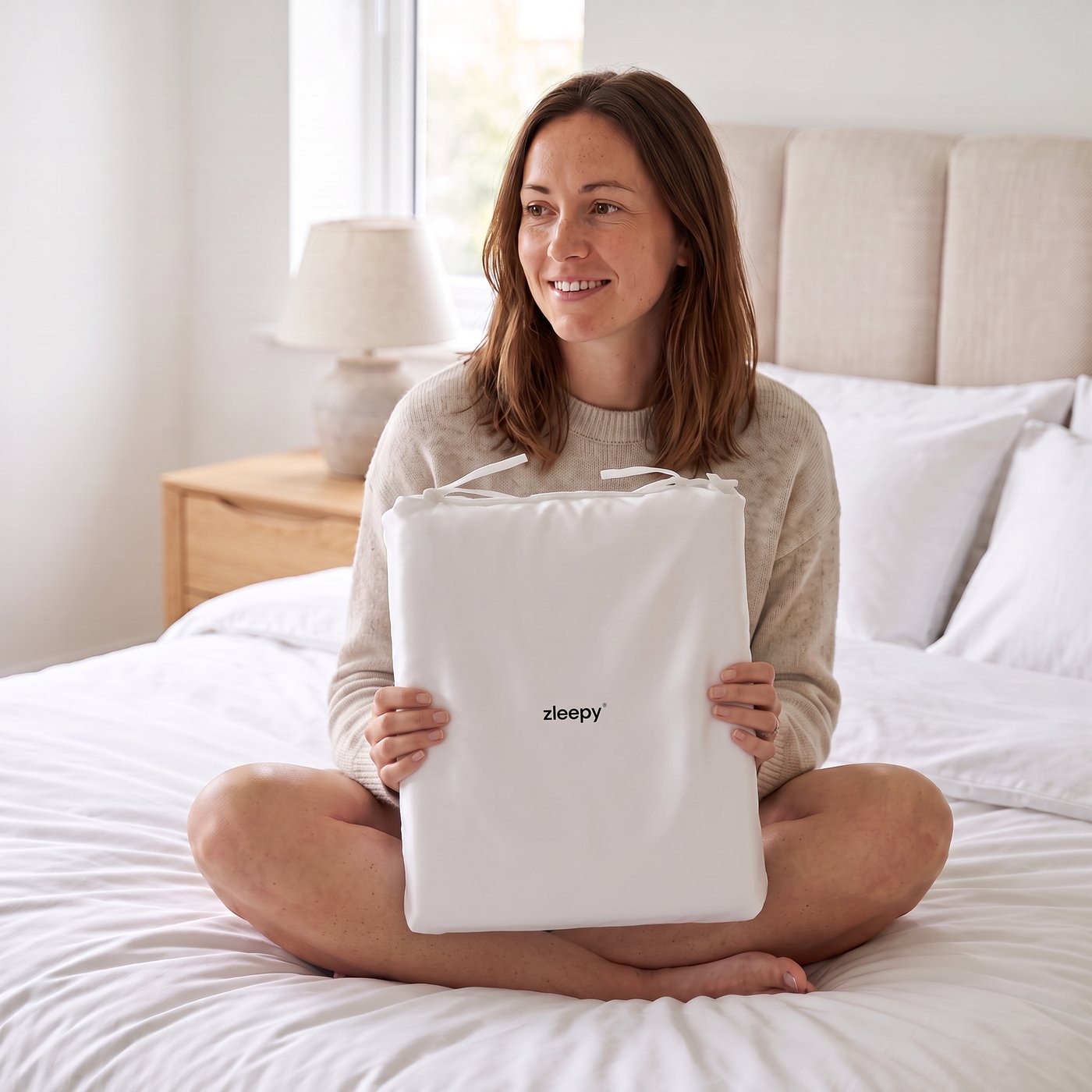 Woman holding the ZLEEPY bamboo fitted sheet in its bamboo bag