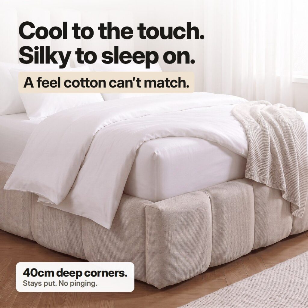Cool to the touch, silky to sleep on. 40cm deep corners on a made bed with a white bamboo fitted sheet
