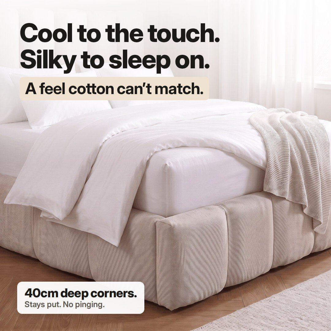 Cool to the touch, silky to sleep on. 40cm deep corners on a made bed with a white bamboo fitted sheet