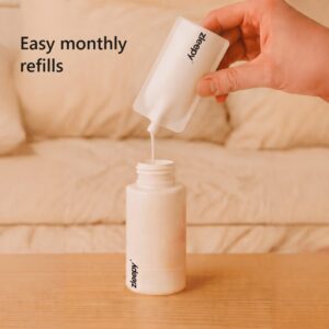 Easy monthly refills: pouring a ZLEEPY refill pouch into the spray bottle